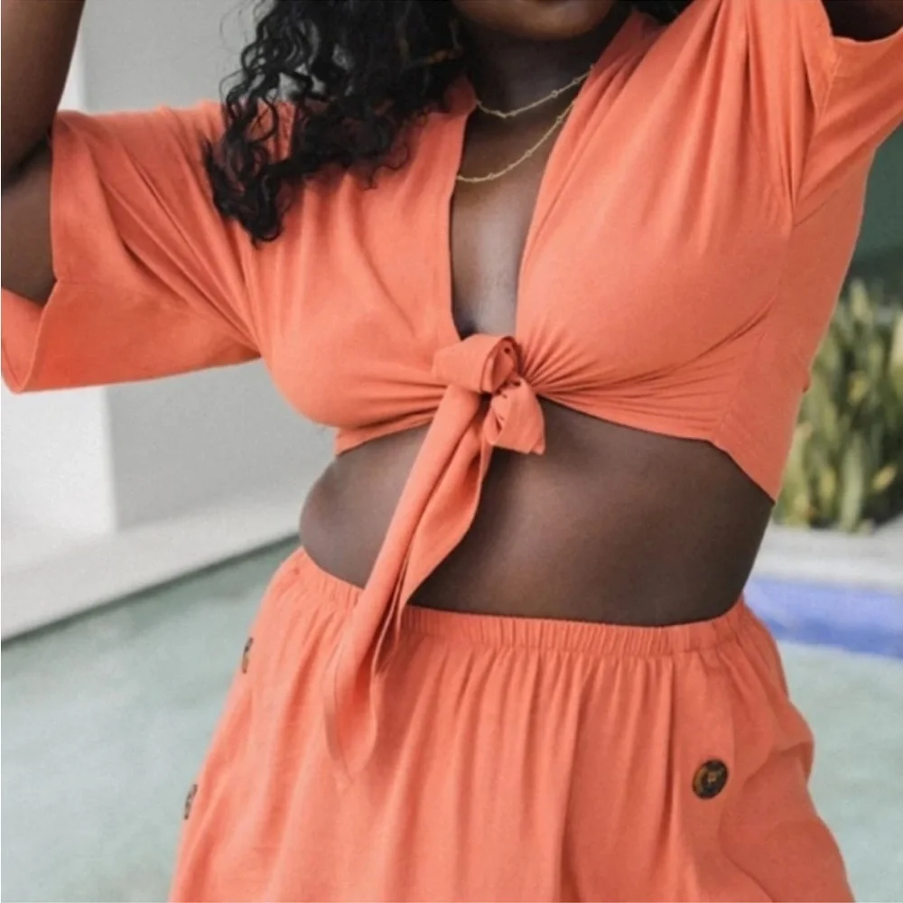 H30 Toluca Swim Maria Tie-front Linen Top - Clay size M - Picture 3 of 7